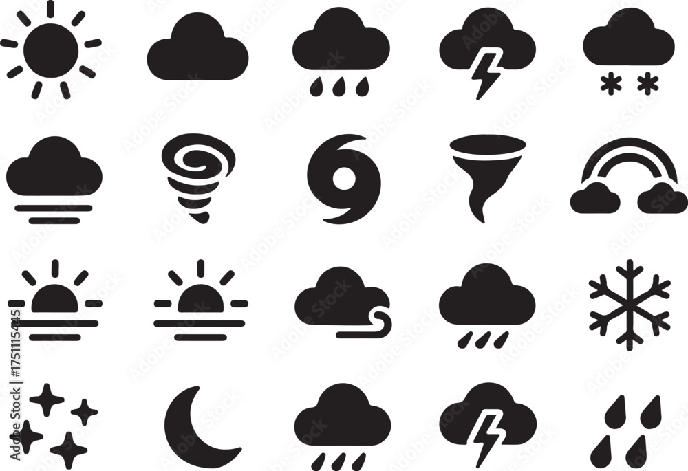Obraz premium Collection of diverse weather icons representing various atmospheric conditions and natural phenomena in a clean black and white graphic style