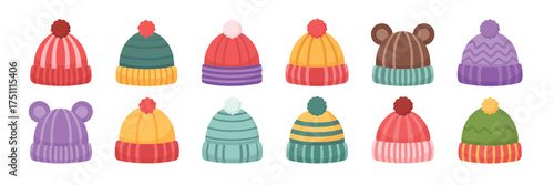 Fashionable Winter Hats Pack,  Modern Wool Caps, Knitted Beanies, and Warm Accessories, Flat Vector Set for Trendy Cold Weather Outfits, Seasonal Illustrations, and Lifestyle Design Use