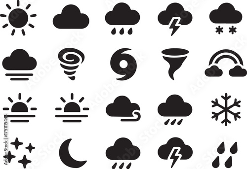 Collection of diverse weather icons representing various atmospheric conditions and natural phenomena in a clean black and white graphic style