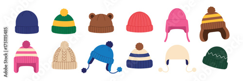 Winter Hats Vector Set,  Modern Wool Caps and Trendy Knitted Beanies, Flat Vector Illustrations of Fashionable Head Accessories for Cold Weather, Casual Style, and Winter Outfit Design