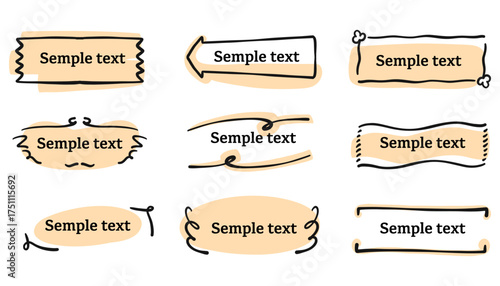Rustic hand drawn text boxes, banners, and frames set. Brush stroke doodle style with cute labels, tags, and ornaments. Great for headlines, notes, badges, invitations, and design decoration.