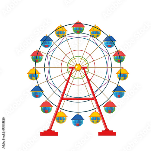 Colorful ferris wheel vector illustration isolated on transparent background, amusement park carnival ride design for funfair, festival, theme park, entertainment event, fairground attraction in AI fo
