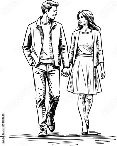Romantic couple walking hand in hand, stylish man and woman illustration, love relationship, urban fashion, togetherness, happiness, sketch art drawing