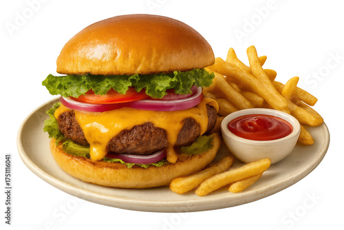 Delicious cheeseburger and french fries on a plate, isolated on transparent background