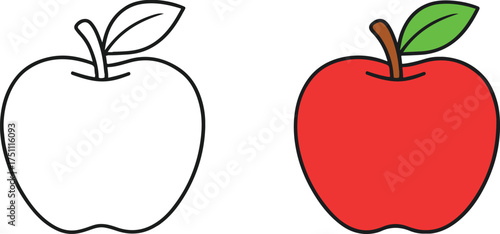 Simple illustration of a red apple next to a black and white outline of an apple for coloring and learning