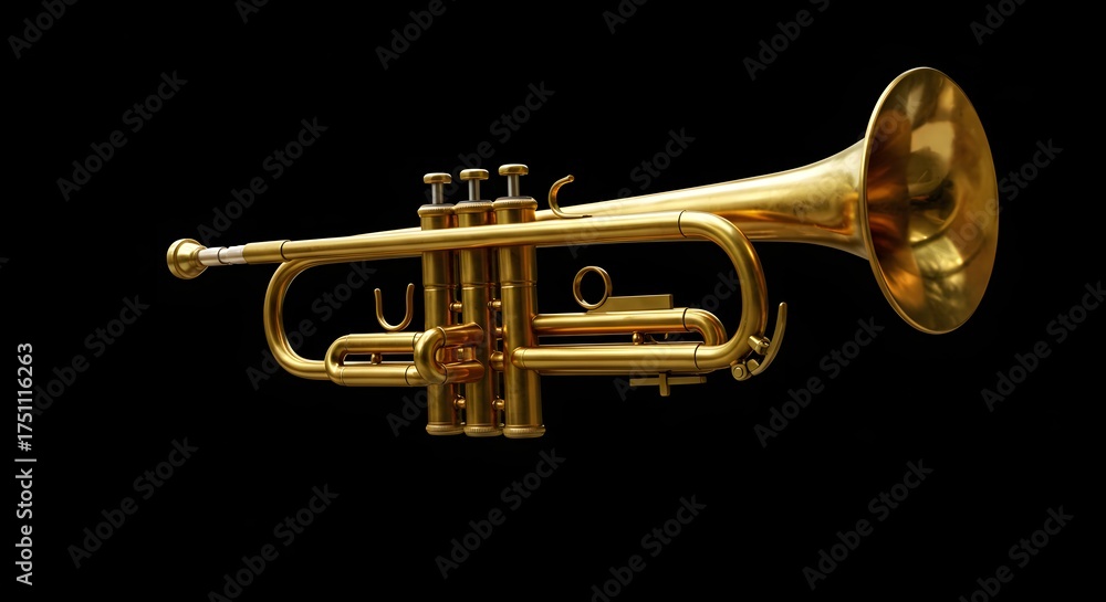 Obraz premium Shiny Golden Brass Trumpet Isolated on a Dark Black Background