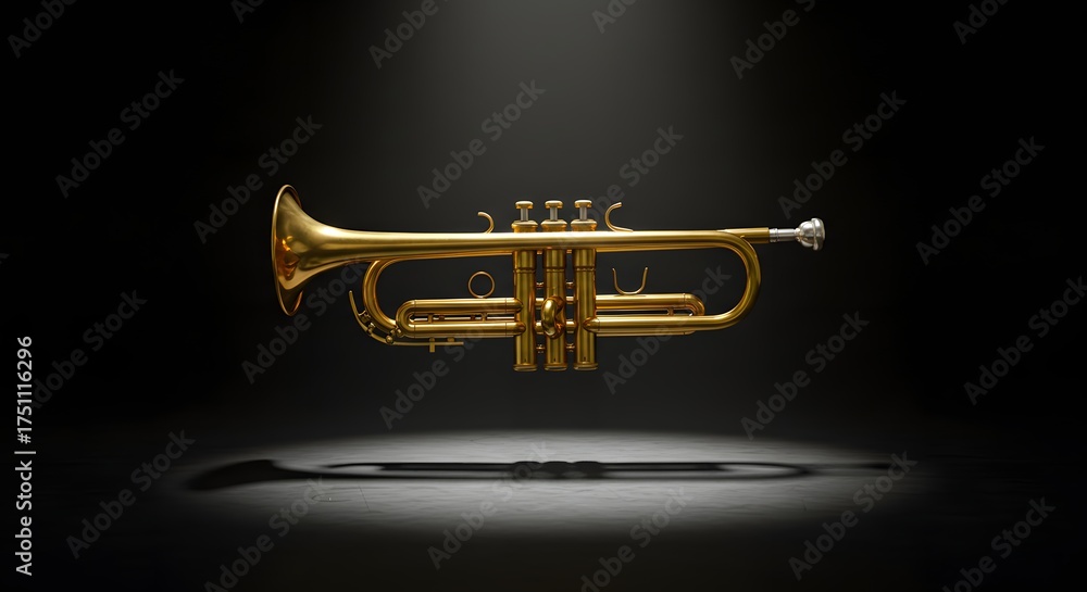Obraz premium Elegant Golden Brass Trumpet on Dark Background with Spotlight Effect, Classic Musical Instrument Isolated in Studio
