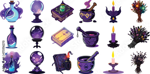 Witchcraft Magic Elements Set — Purple Potions, Spell Books, Crystals, and Candles Vector Illustration
