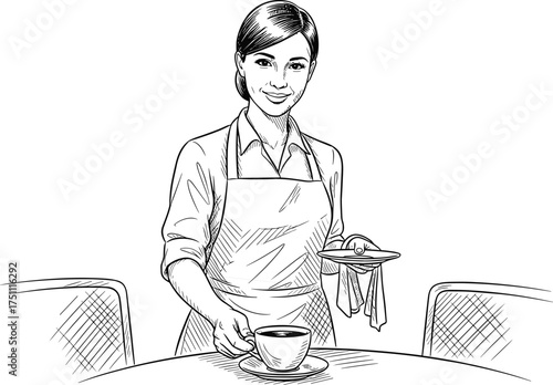 Smiling waitress serving coffee cup, professional woman in apron, restaurant service illustration, hospitality concept, cafe worker sketch, customer service art