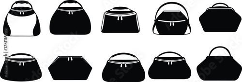 Handbag silhouettes collection, fashion purses and bags vector artwork, stylish accessories illustration, women fashion design, trendy tote clutch, cad drawing flat vector illustration