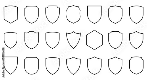 Collection of diverse shield outlines in various shapes and styles for heraldry and design elements