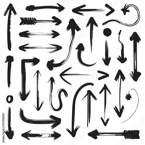Hand Drawn Black Brush Arrows Set – Grunge Ink Directional Arrow Icons Isolated on White Background
