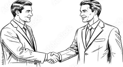 Two businessmen shaking hands illustration, business agreement, professional partnership, teamwork, success, trust, corporate collaboration, office deal, leadership, sketch art drawing