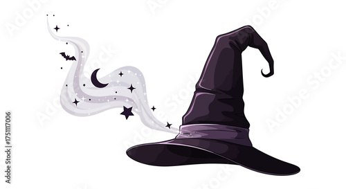 Illustration of a black witch's hat with a purple band, smoke, stars, a crescent moon, and a bat.