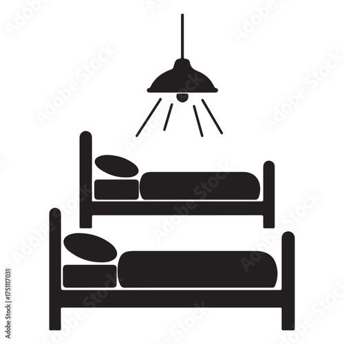 Minimalist Black and White Bunk Bed Illustration with Hanging Lamp Perfect for Hostel or Dormitory Designs and Room Decor Concepts