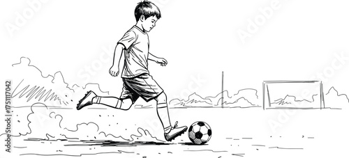 Young boy playing soccer on field, kicking football towards goal, childhood activity, sports training, outdoor exercise, fitness, and teamwork illustration