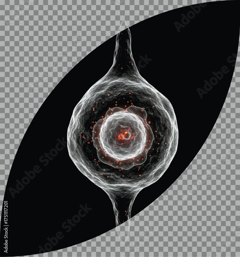 Abstract neural cell structure with internal core and pointed processes isolated on transparent background