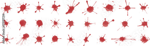 Collection of red  splatter and dripping stains on white background, realistic horror texture for Halloween, crime scene, forensic design