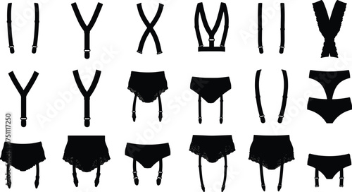 Lingerie silhouettes collection, garter belts and panties vector artwork, intimate fashion accessories illustration, sexy underwear design, cad drawing flat vector illustration