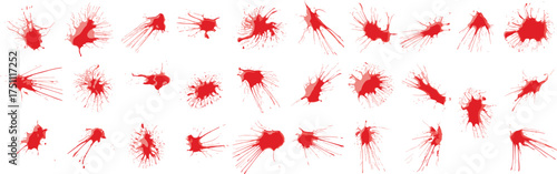 Collection of red  splatter and dripping stains on white background, realistic horror texture for Halloween, crime scene, forensic design