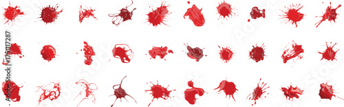 Collection of red  splatter and dripping stains on white background, realistic horror texture for Halloween, crime scene, forensic design