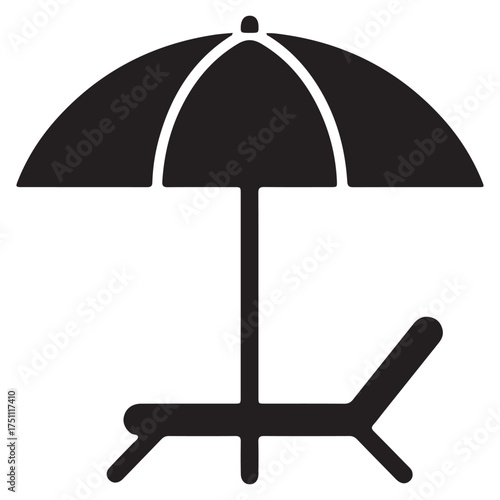 Minimalist Black Beach Umbrella and Chair Silhouette for Summer Vacation Relaxation and Getaway Imagery Featuring Simple Design