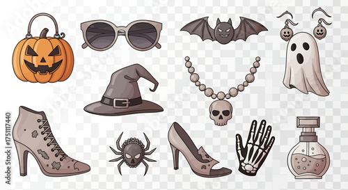 A collection of various Halloween-themed accessories and decorations including a jack-o'-lantern, witch hat, ghost, bat, skull necklace, and spooky shoes.