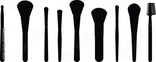 Makeup brushes silhouettes collection, cosmetic tools vector artwork, beauty salon illustration, fashion grooming accessories design, 
