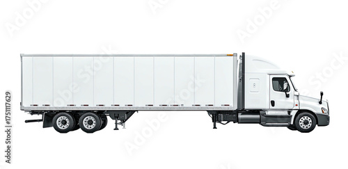 A modern semi-truck with a white trailer, set against a dark background. The truck is in profile