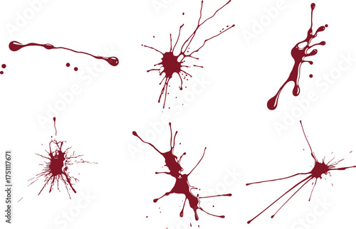 Realistic red  splatter and dripping stains isolated on white background, horror texture design for Halloween, crime scene, forensic artwork