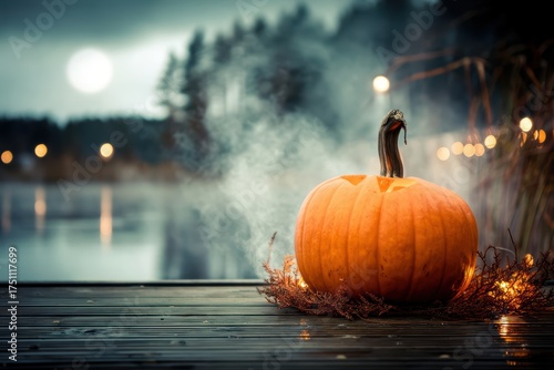 A Mystical Autumn Pumpkin resting gently on the tranquil surface of a serene lake