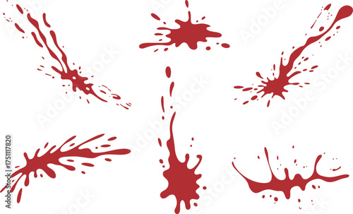 Realistic red  splatter and dripping stains isolated on white background, horror texture design for Halloween, crime scene, forensic artwork