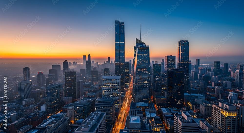Obraz premium Vibrant City Skyline at Dusk - Modern Urban Architecture