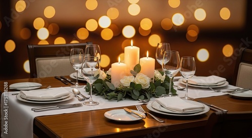 Elegant Dinner Table Setting with Candles and Floral Centerpiece