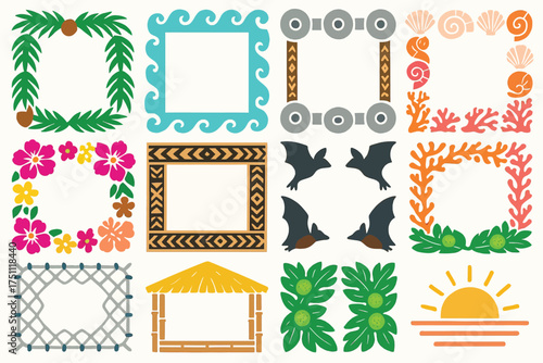 Micronesian-Inspired Frame Set with Tropical Elements, Flowers, and Nature Symbols