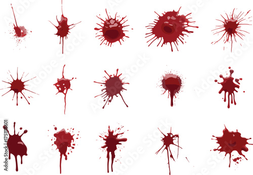 Red  splatter collection on white background, isolated dripping stains and splashes for horror art, Halloween design, crime scene texture