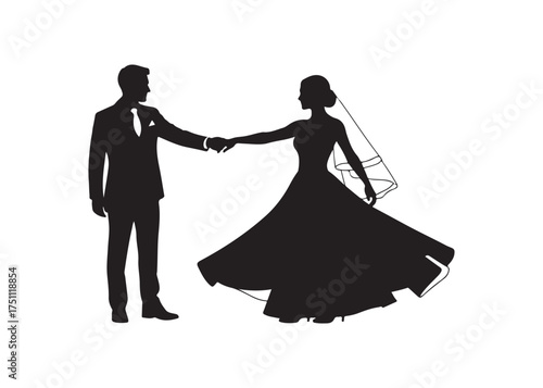 Vector art of silhouette of a bride and groom holding hands