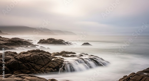 Misty Ocean Waves Crash Over Rocky Shoreline in Serene Landscape