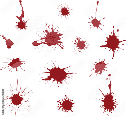 Red  splatter texture collection on white background, realistic dripping and splashing ink stains for horror design, crime scene, Halloween artwork