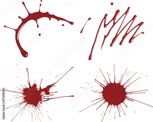Red  splatter texture collection on white background, realistic dripping and splashing ink stains for horror design, crime scene, Halloween artwork
