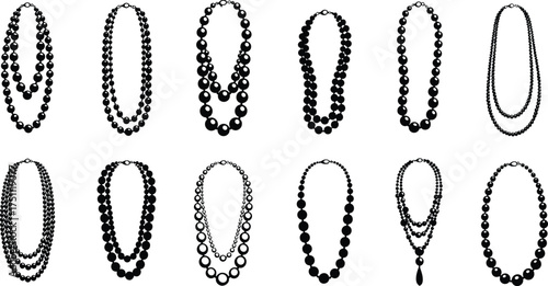 Necklace silhouettes jewelry collection, fashion accessories vector artwork, elegant beaded designs illustration, stylish ornaments concept, cad drawing flat vector illustration