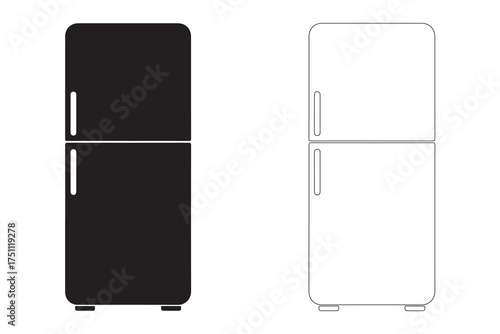 Refrigerator vector design showcasing both solid black and outline versions against a white background for household appliances and kitchen illustrations