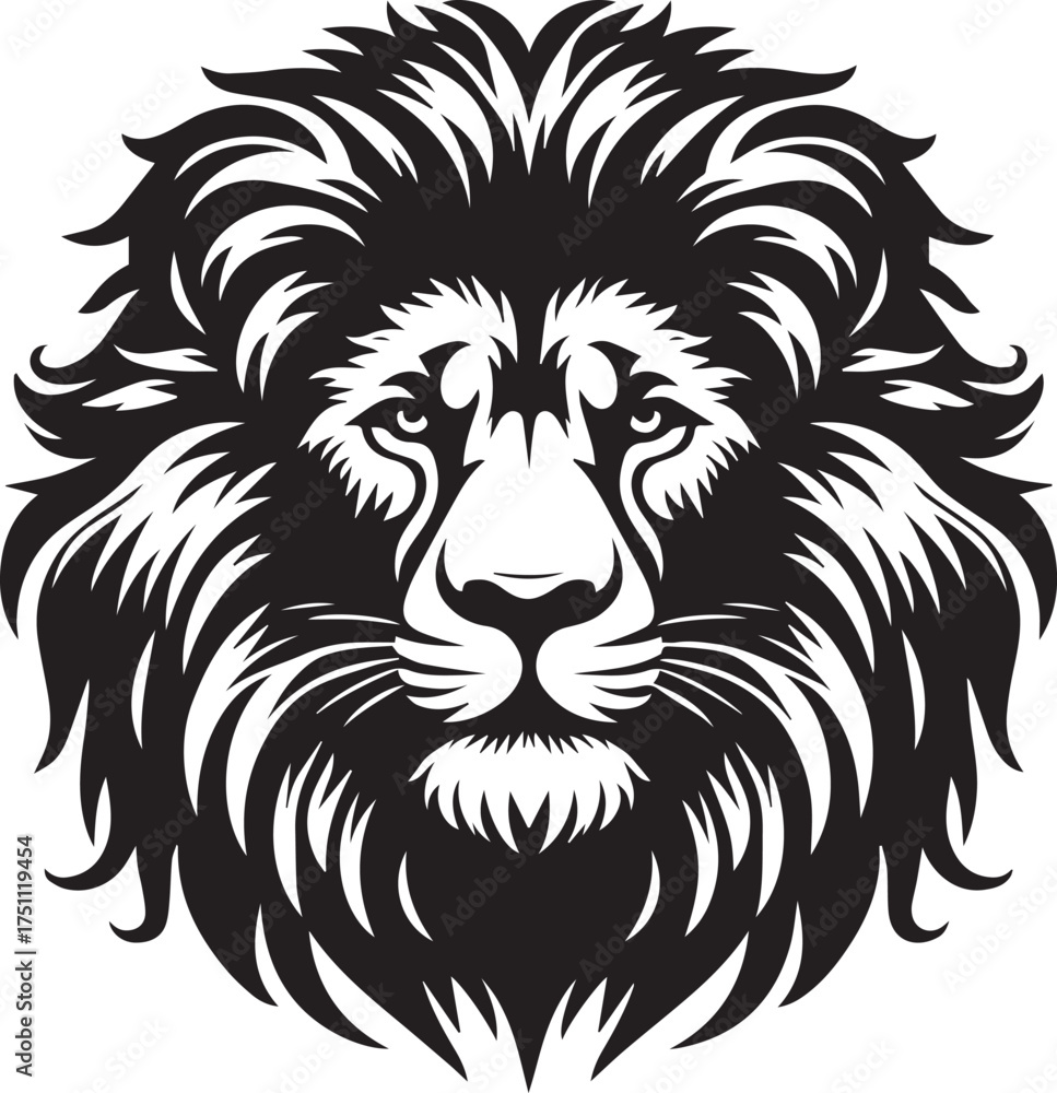 Obraz premium Majestic lion head with intricate mane design for logo, branding, or apparel, exuding power and strength in a bold, monochrome style