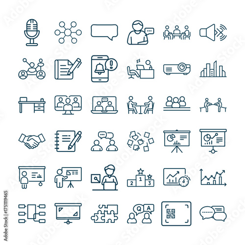 Meeting Outline Vector Icon Set – Business Communication, Teamwork, and Collaboration Icons Collection