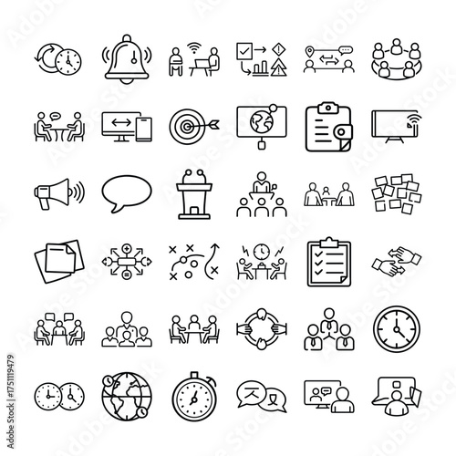 Meeting Outline Vector Icon Set – Business Communication, Teamwork, and Collaboration Icons Collection