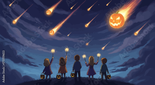 Children with jack-o'-lanterns and sparklers watch a meteor shower of pumpkins in the night sky.