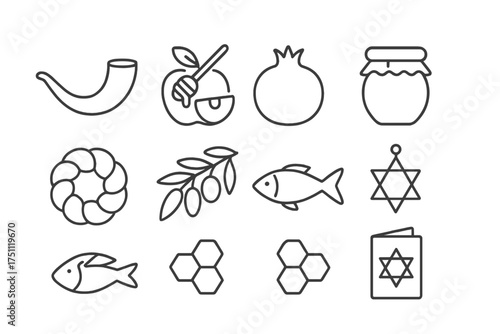 Jewish holiday symbols in line art style for celebrations  