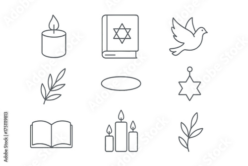 Thin monoline icons representing Yom Kippur symbols  