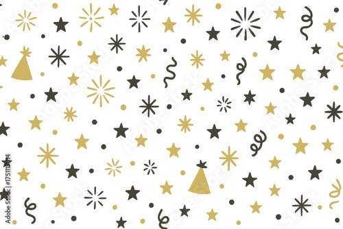 Gold and black festive pattern with stars and party elements  