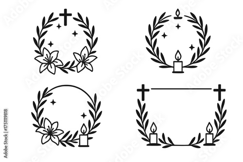 Religious decorative wreaths with crosses, candles, and flowers  